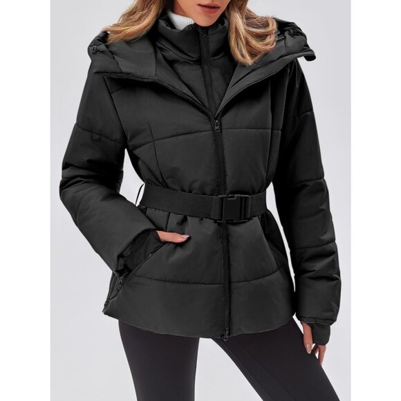 Women's Black Quilted Puffy Ski Jacket Belt Coat Hooded Mountain Winter Snow - Picture 3 of 6